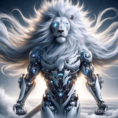 Primary subject: A lion with a mechanical body.

Setting/background: The lion is standing in a cloudy sky.

Visual style: The image is a digital art or illustration.

Colors and mood: The lion has a blue and white color scheme, and the overall atmosphere is futuristic and surreal.